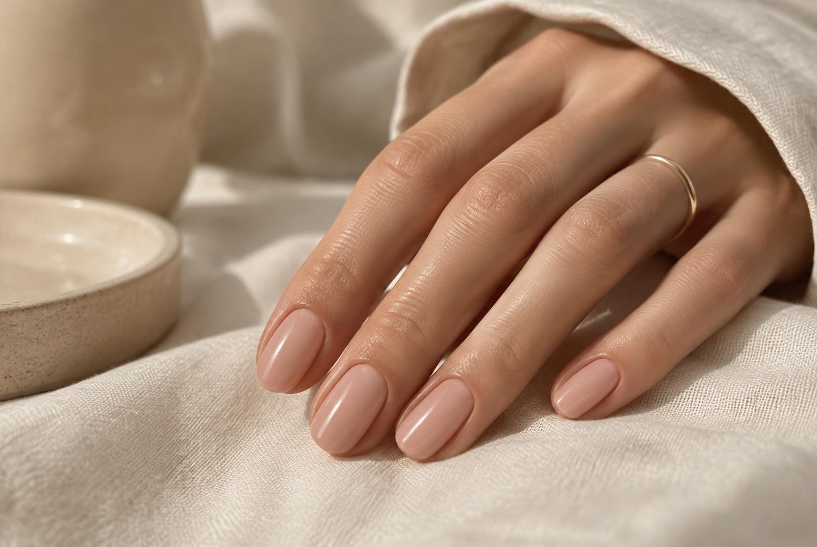 Main aux ongles naturels gainés, vernis nude brillant, posée sur du lin