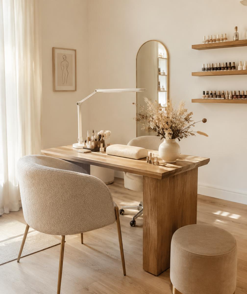 Le studio : table de manucure en bois clair, fauteuil crème et fleurs séchées